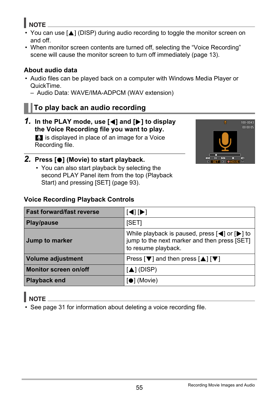 To play back an audio recording | Casio EXILIM EX-S300 User Manual | Page 55 / 189