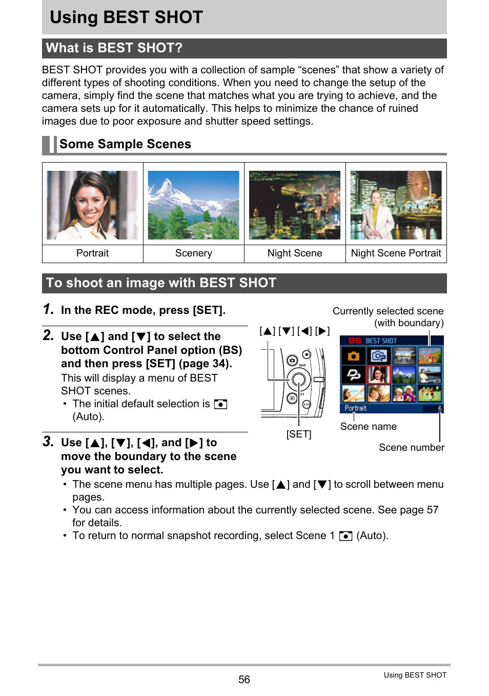 Using best shot, What is best shot, Some sample scenes | To shoot an image with best shot, 56), you can sel | Casio EXILIM EX-S300 User Manual | Page 56 / 189