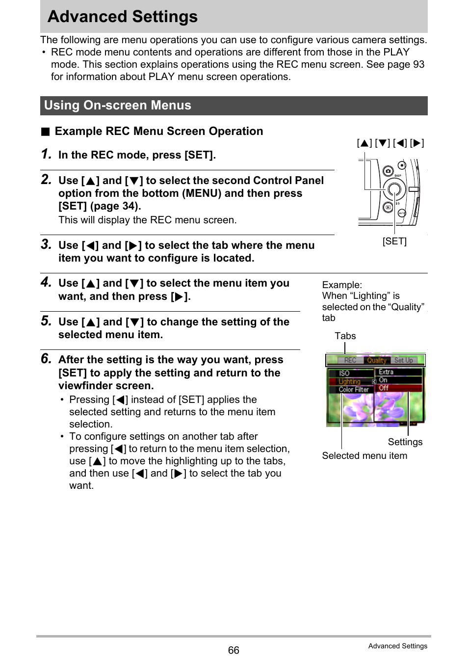 Advanced settings, Using on-screen menus | Casio EXILIM EX-S300 User Manual | Page 66 / 189