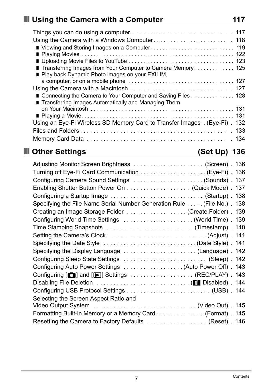 Using the camera with a computer 117, Other settings (set up) 136 | Casio EXILIM EX-S300 User Manual | Page 7 / 189