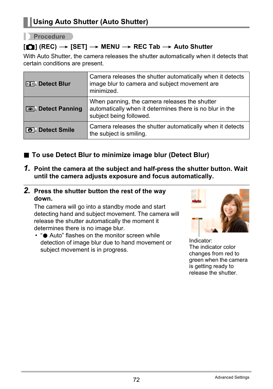 Using auto shutter (auto shutter) | Casio EXILIM EX-S300 User Manual | Page 72 / 189