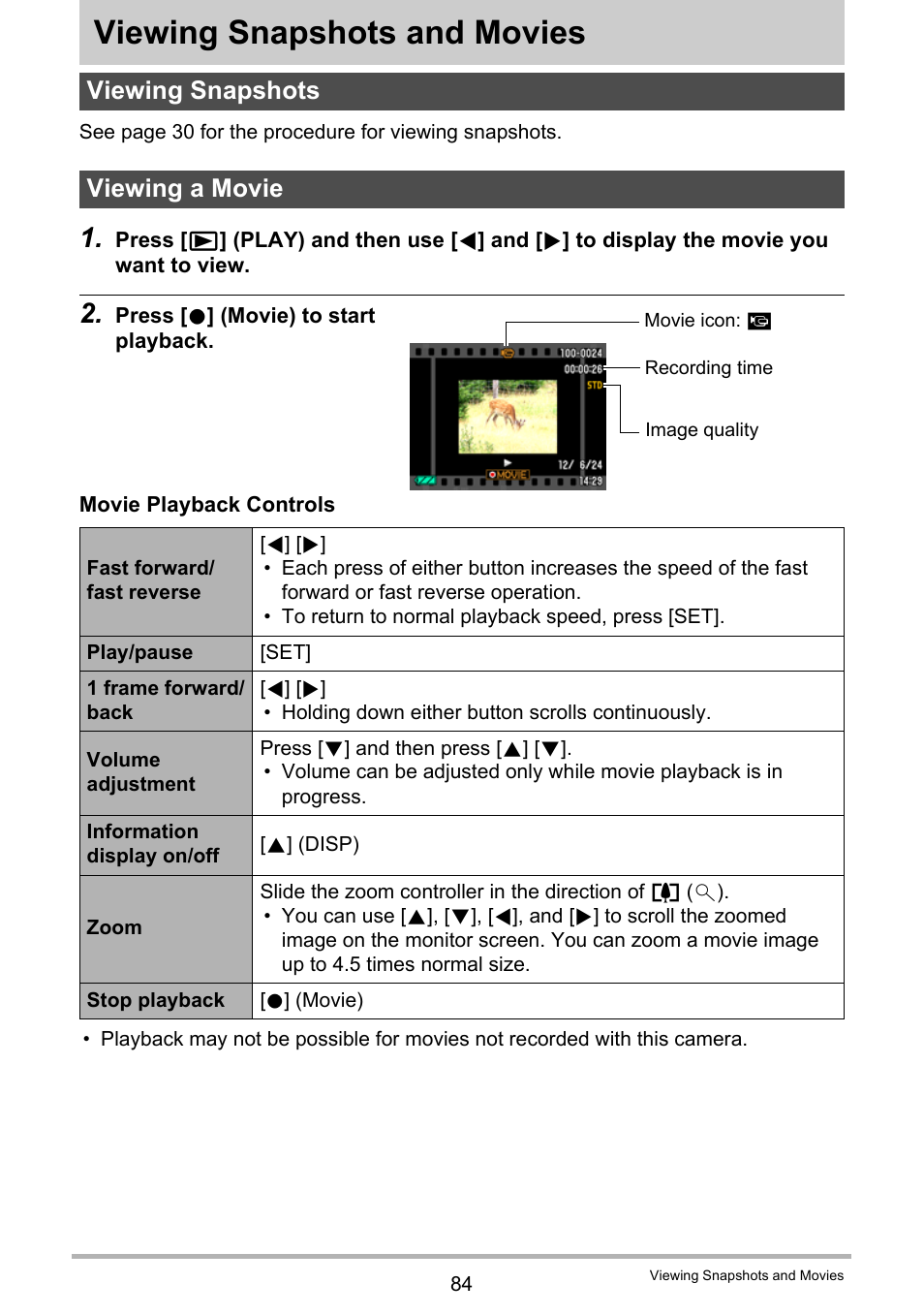 Viewing snapshots and movies, Viewing snapshots, Viewing a movie | Viewing snapshots viewing a movie, Age 84 | Casio EXILIM EX-S300 User Manual | Page 84 / 189