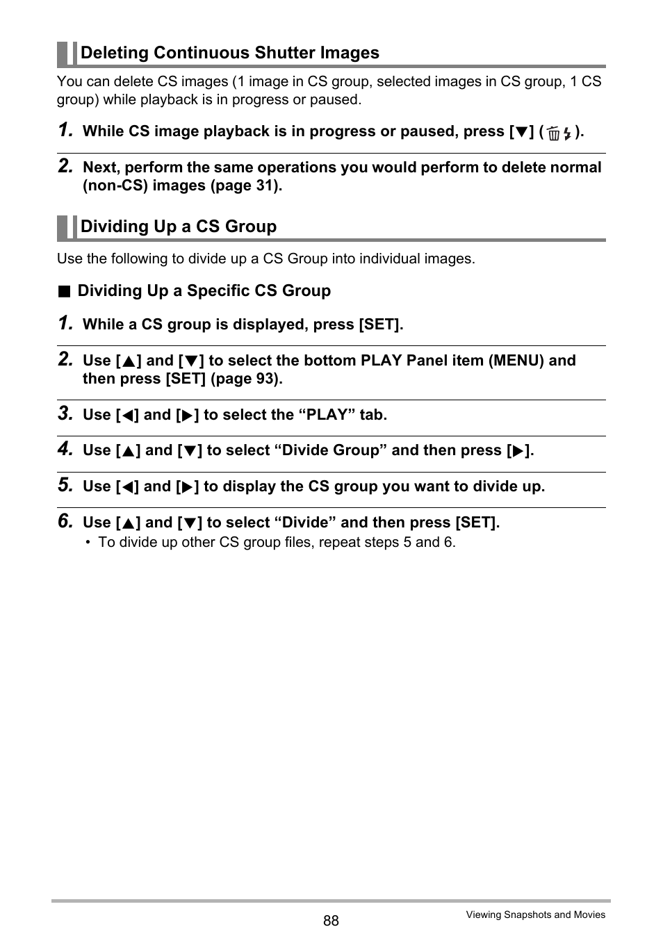 Deleting continuous shutter images, Dividing up a cs group | Casio EXILIM EX-S300 User Manual | Page 88 / 189