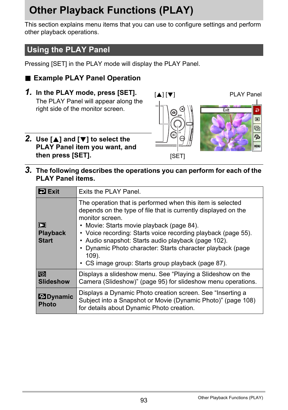 Other playback functions (play), Using the play panel, Other playback functions | Play) 93 | Casio EXILIM EX-S300 User Manual | Page 93 / 189