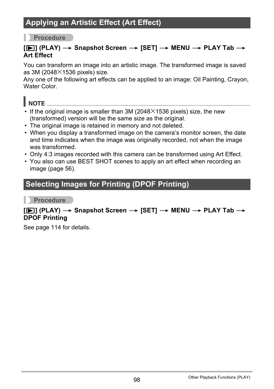 Applying an artistic effect (art effect), Selecting images for printing (dpof printing) | Casio EXILIM EX-S300 User Manual | Page 98 / 189