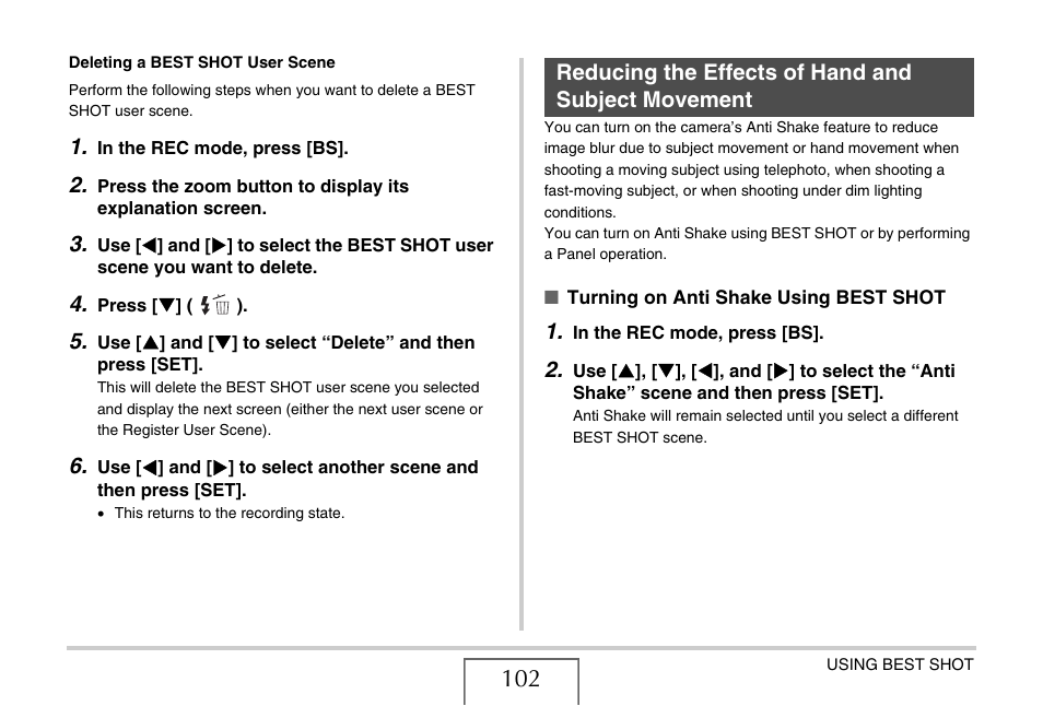 Reducing the effects of hand and subject movement, Ge 102), E 102) | Casio EX-Z15 User Manual | Page 102 / 265