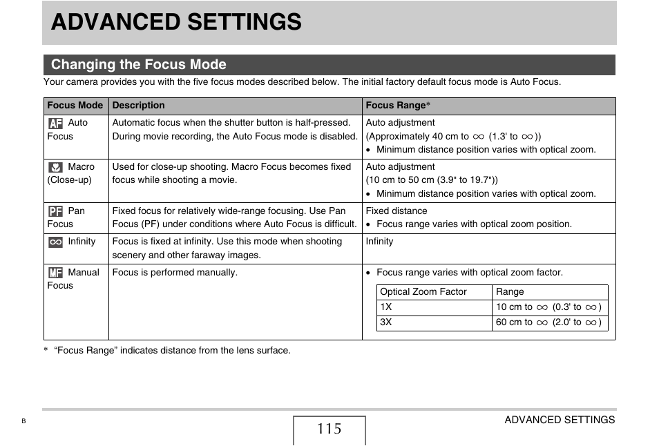 Advanced settings, Changing the focus mode | Casio EX-Z15 User Manual | Page 115 / 265