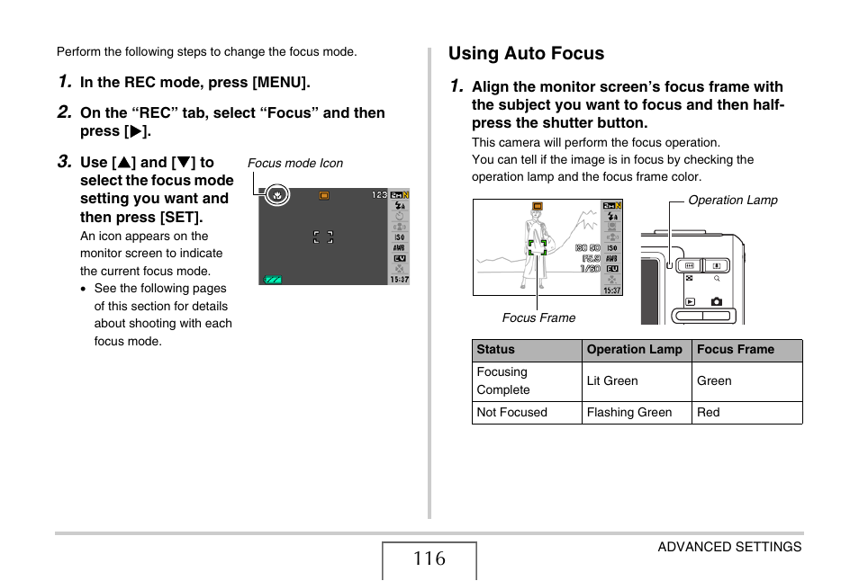 Using auto focus, Using auto focus 1 | Casio EX-Z15 User Manual | Page 116 / 265