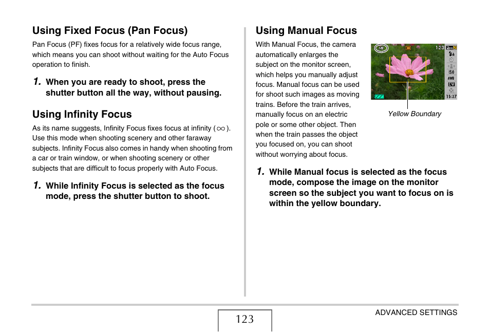 Using fixed focus (pan focus), Using infinity focus, Using manual focus | Casio EX-Z15 User Manual | Page 123 / 265