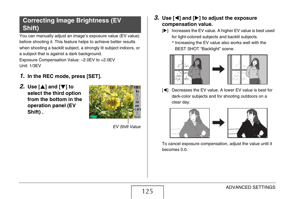 Correcting image brightness (ev shift), Ge 125) | Casio EX-Z15 User Manual | Page 125 / 265