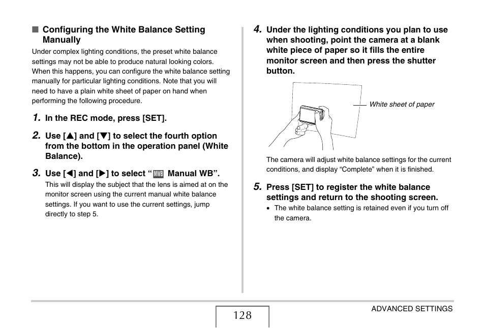 Configuring the white, Balance setting manually, E 128) | Casio EX-Z15 User Manual | Page 128 / 265