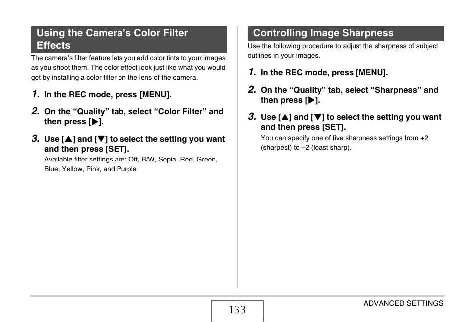 Using the camera’s color filter effects, Controlling image sharpness | Casio EX-Z15 User Manual | Page 133 / 265