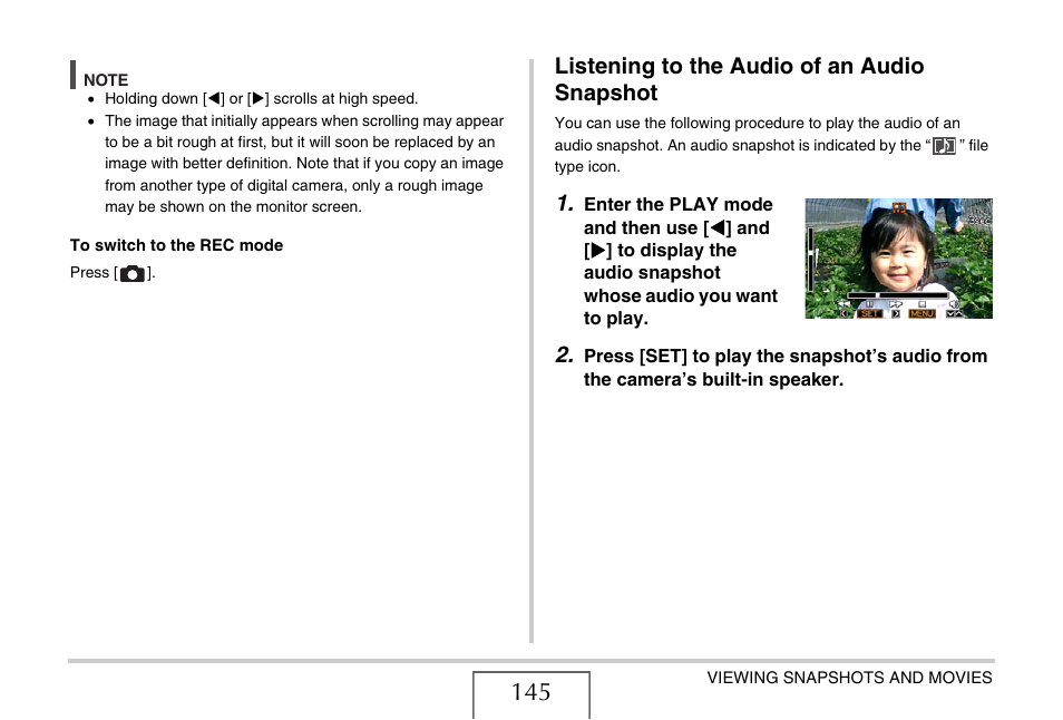 Listening to the audio of an audio snapshot, E 145) | Casio EX-Z15 User Manual | Page 145 / 265