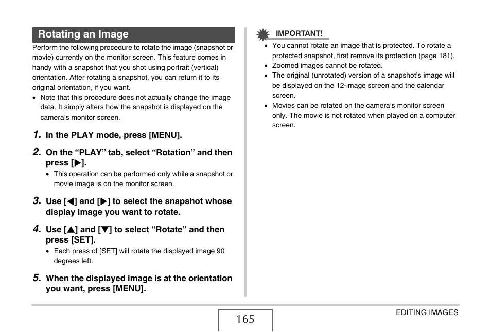 Rotating an image | Casio EX-Z15 User Manual | Page 165 / 265