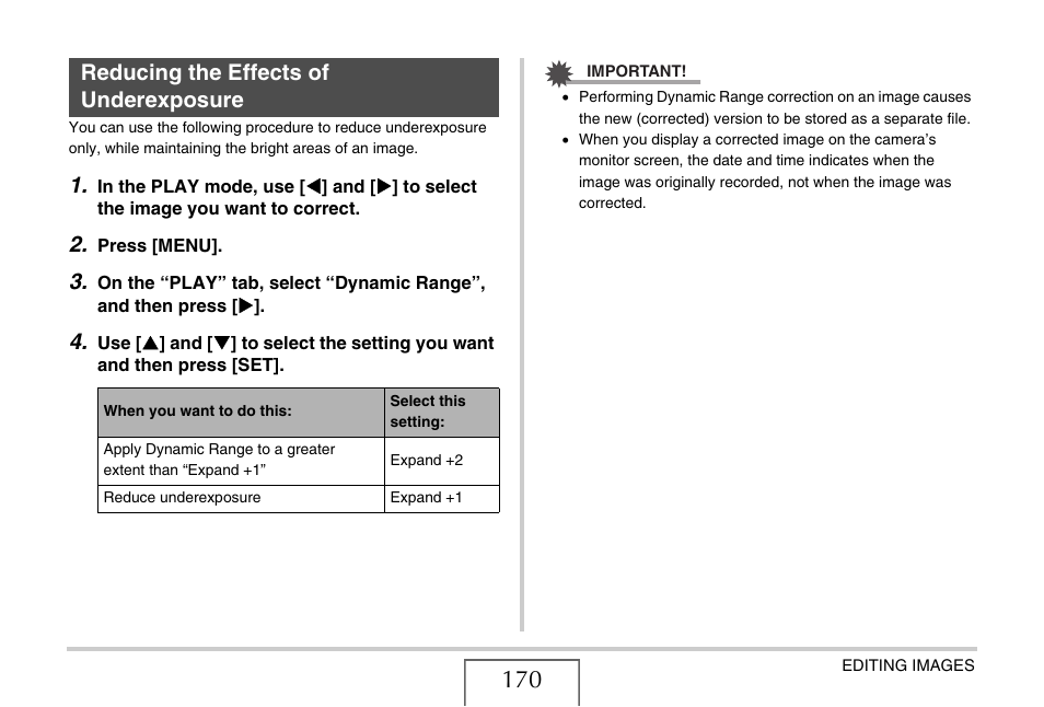 Reducing the effects of underexposure | Casio EX-Z15 User Manual | Page 170 / 265