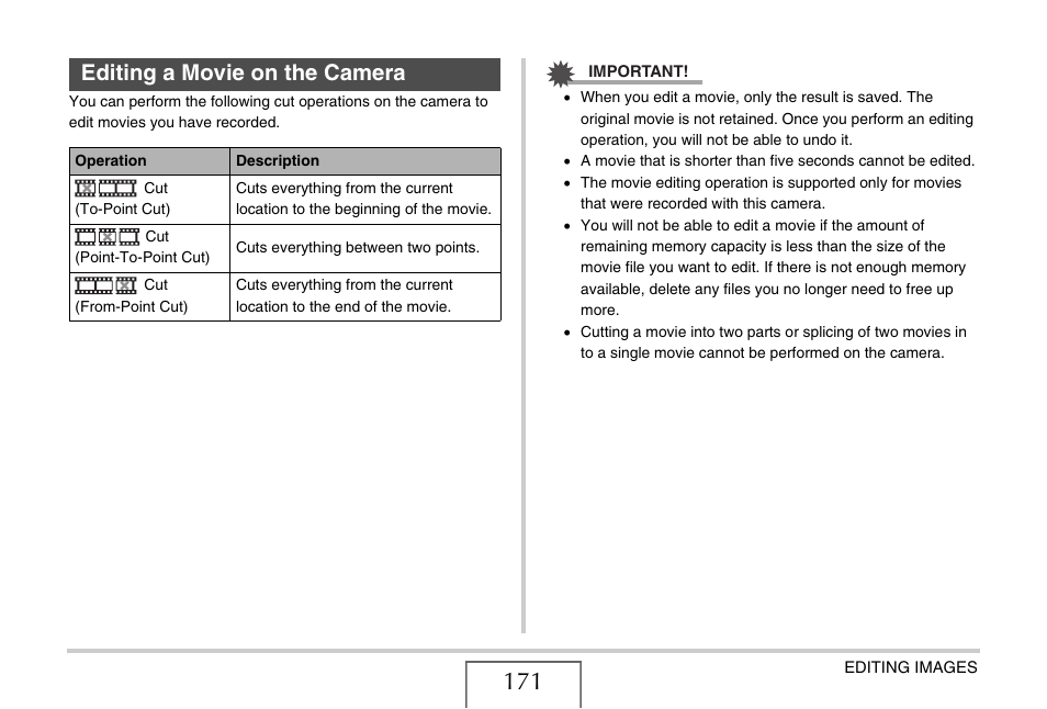 Editing a movie on the camera | Casio EX-Z15 User Manual | Page 171 / 265