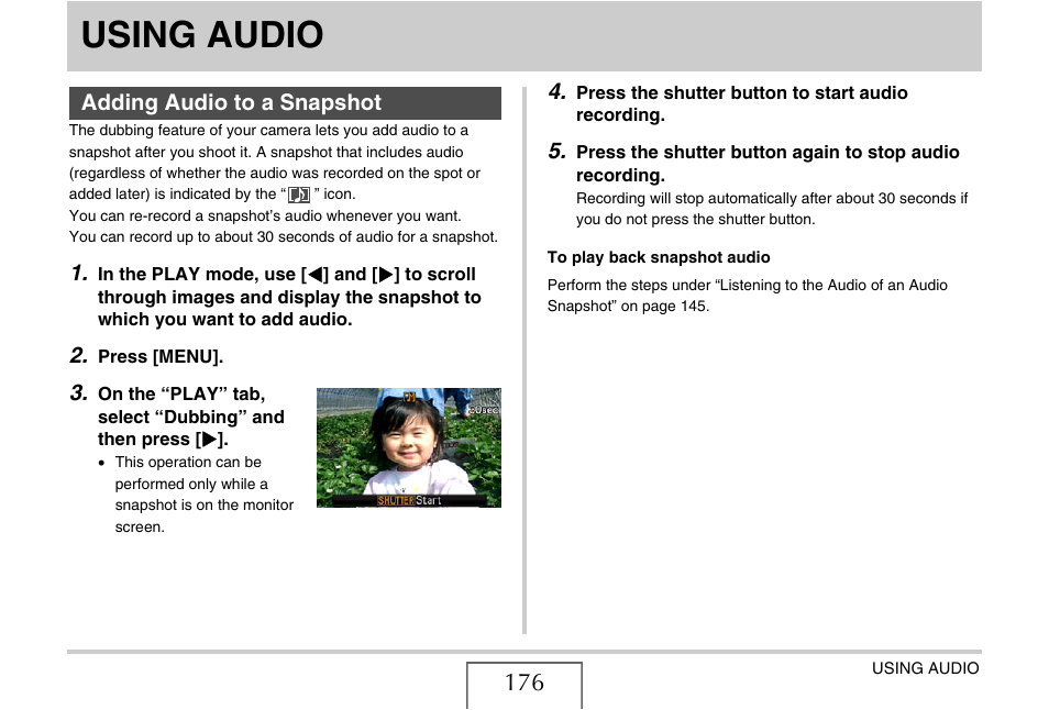 Using audio, Adding audio to a snapshot | Casio EX-Z15 User Manual | Page 176 / 265