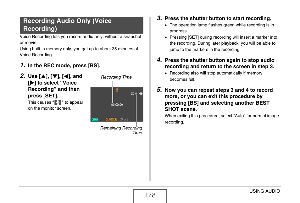 Recording audio only (voice recording) | Casio EX-Z15 User Manual | Page 178 / 265