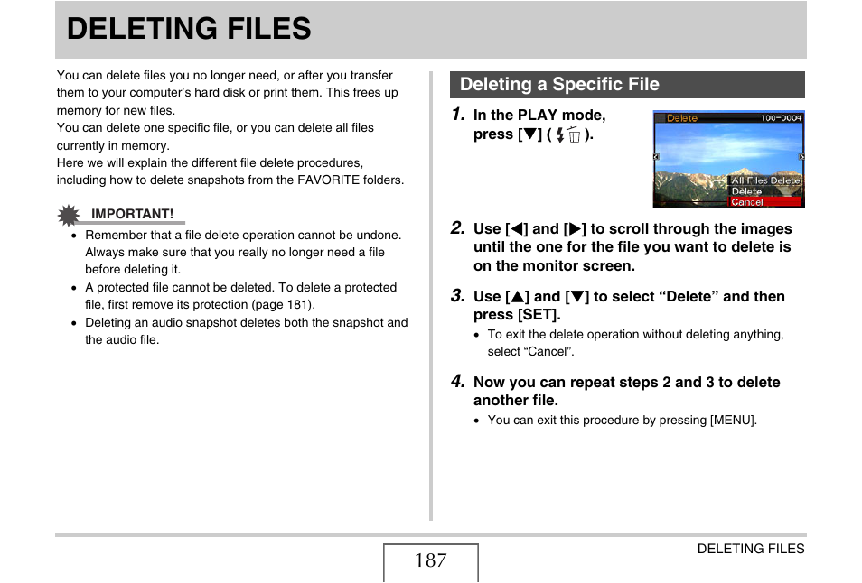 Deleting files, Deleting a specific file | Casio EX-Z15 User Manual | Page 187 / 265