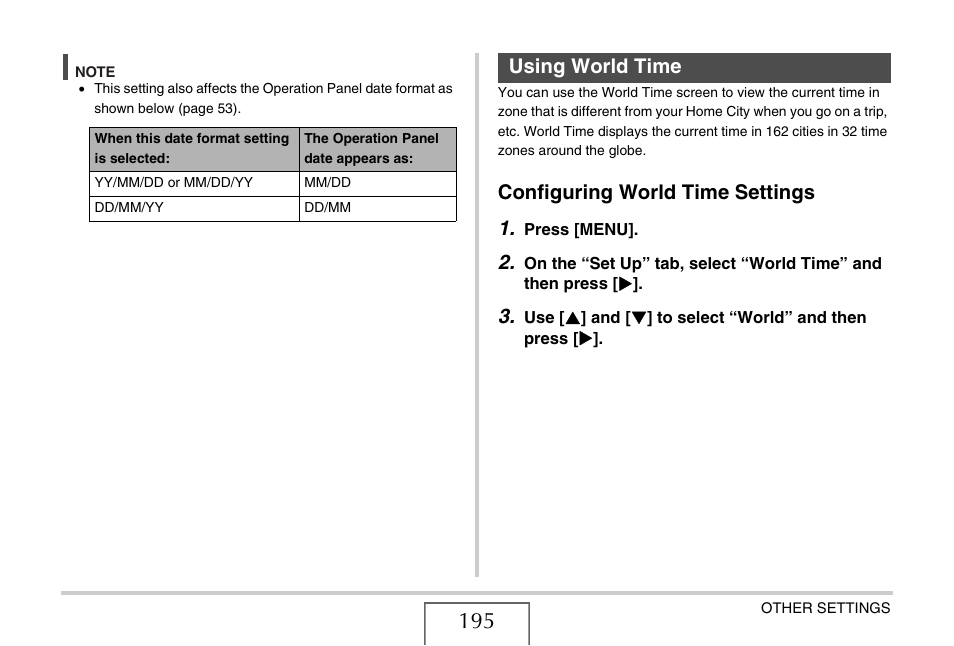 Using world time, Configuring world time settings, Ge 195) | Configuring world time settings 1 | Casio EX-Z15 User Manual | Page 195 / 265