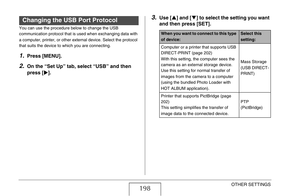 Changing the usb port protocol | Casio EX-Z15 User Manual | Page 198 / 265