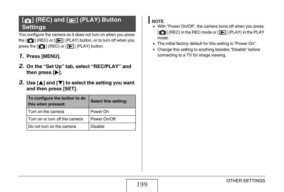 Rec) and [>] (play) button settings, Rec) and, Play) button | Settings, E 199), Rec) and [ ] (play) button settings | Casio EX-Z15 User Manual | Page 199 / 265