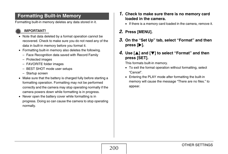 Formatting built-in memory | Casio EX-Z15 User Manual | Page 200 / 265