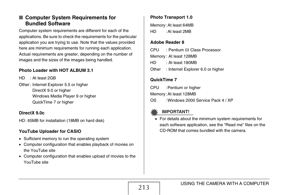 Computer system requirements for bundled software | Casio EX-Z15 User Manual | Page 213 / 265
