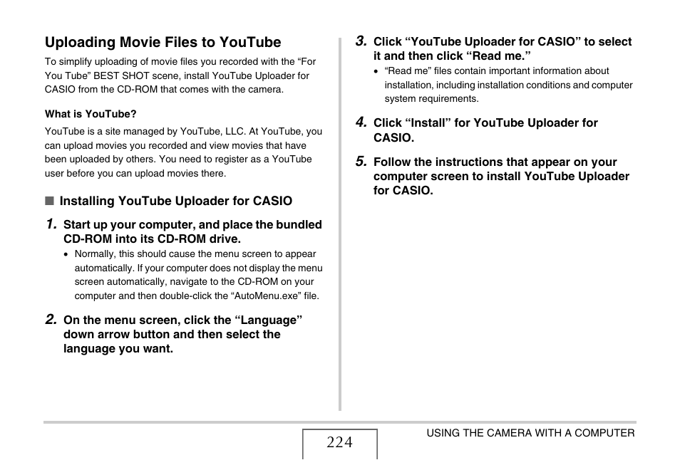 Uploading movie files to youtube | Casio EX-Z15 User Manual | Page 224 / 265