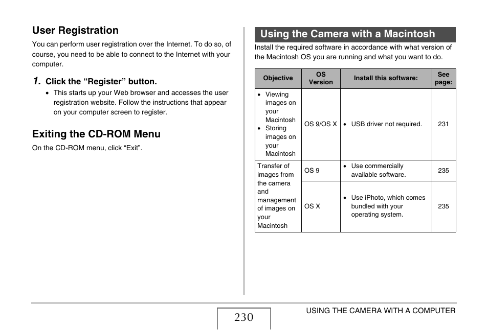 User registration, Exiting the cd-rom menu, Using the camera with a macintosh | E “using the camera with a macintosh, Using the camera with a, Macintosh” o, Ge 230 | Casio EX-Z15 User Manual | Page 230 / 265