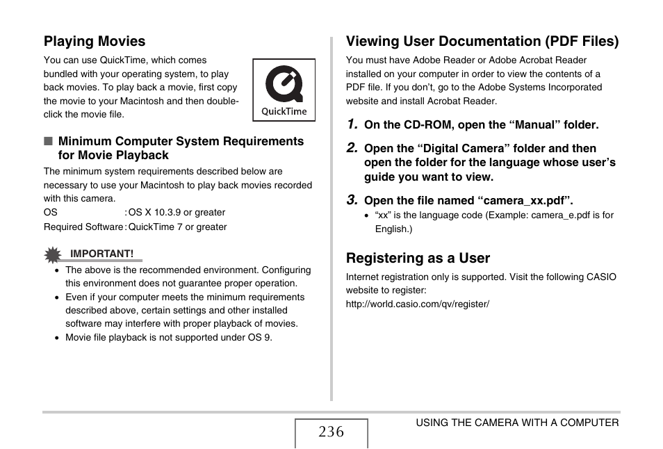 Playing movies, Viewing user documentation (pdf files), Registering as a user | Casio EX-Z15 User Manual | Page 236 / 265