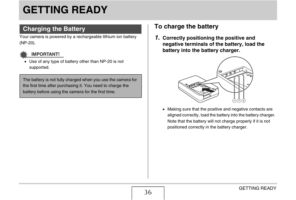 Getting ready, Charging the battery, To charge the battery | Casio EX-Z15 User Manual | Page 36 / 265