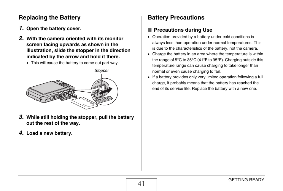 Replacing the battery, Battery precautions, Replacing the battery 1 | Casio EX-Z15 User Manual | Page 41 / 265