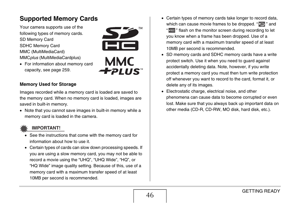 Supported memory cards | Casio EX-Z15 User Manual | Page 46 / 265