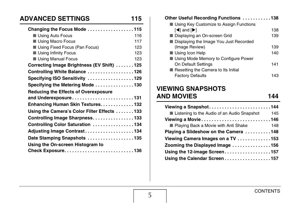 Advanced settings 115, Viewing snapshots and movies 144 | Casio EX-Z15 User Manual | Page 5 / 265