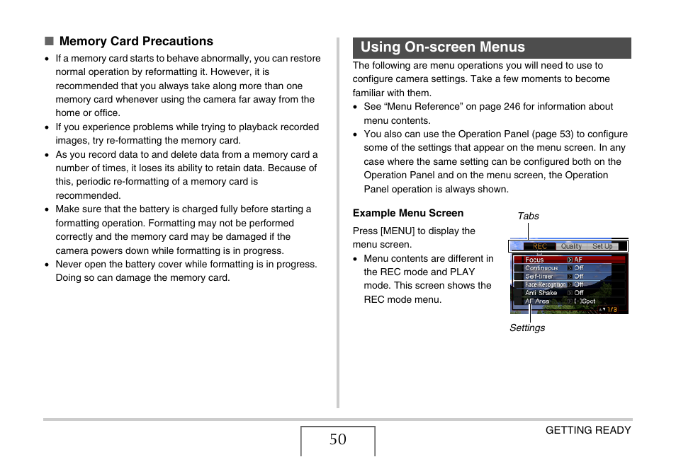 Using on-screen menus | Casio EX-Z15 User Manual | Page 50 / 265
