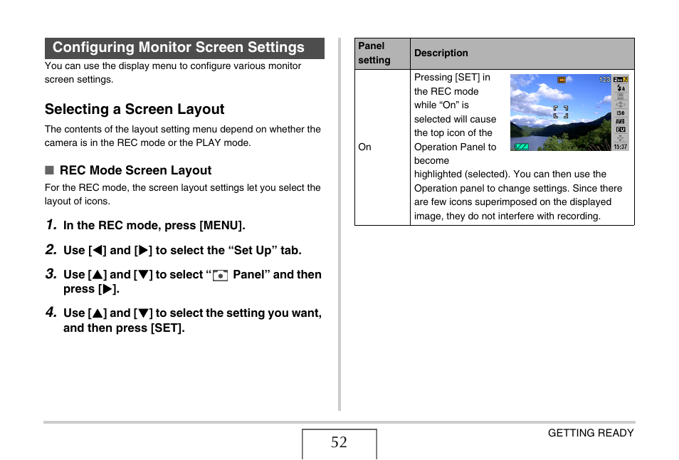 Configuring monitor screen settings, Selecting a screen layout | Casio EX-Z15 User Manual | Page 52 / 265