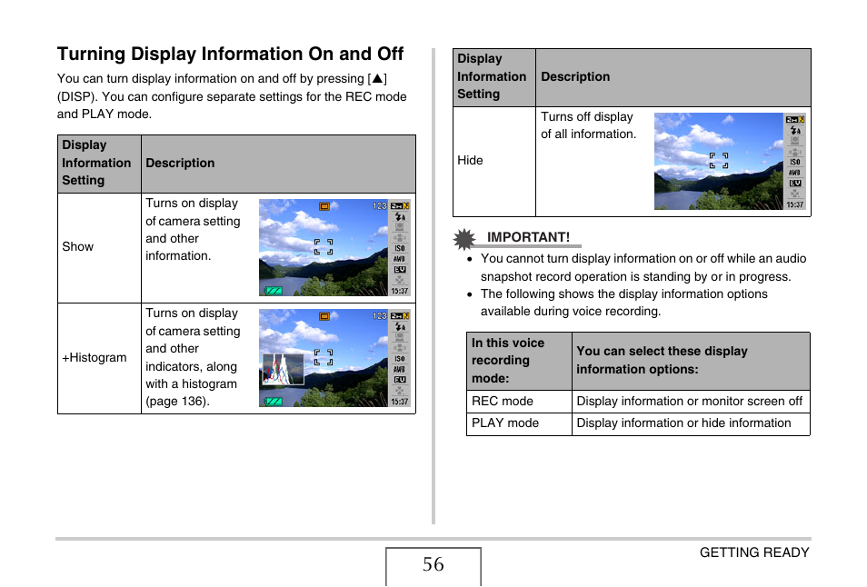 Turning display information on and off | Casio EX-Z15 User Manual | Page 56 / 265