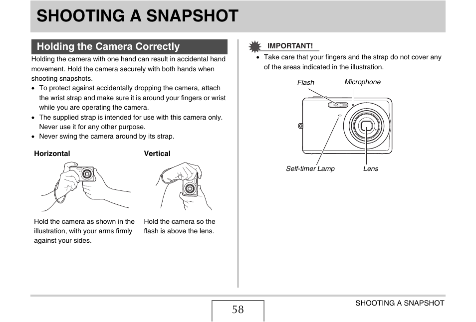 Shooting a snapshot, Holding the camera correctly | Casio EX-Z15 User Manual | Page 58 / 265