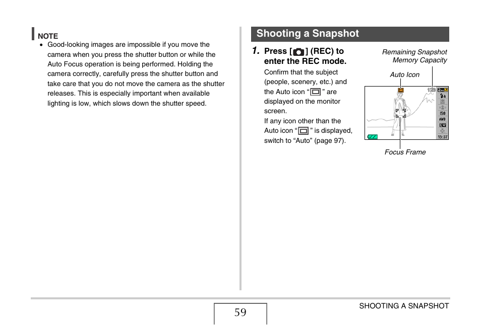 Shooting a snapshot | Casio EX-Z15 User Manual | Page 59 / 265