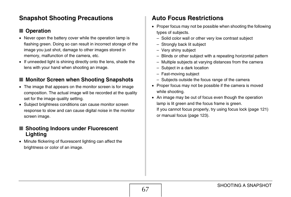 Snapshot shooting precautions, Auto focus restrictions | Casio EX-Z15 User Manual | Page 67 / 265