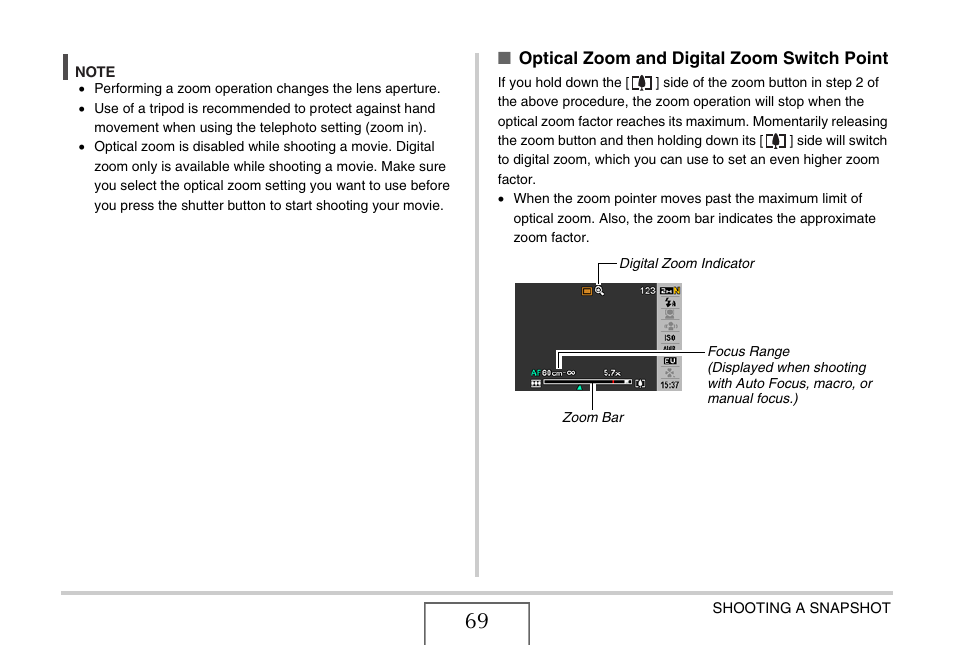 Optical zoom and digital, Zoom switch point | Casio EX-Z15 User Manual | Page 69 / 265