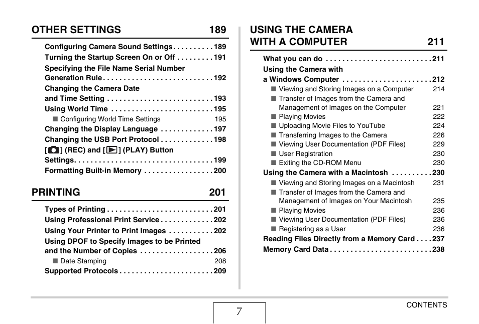 Other settings 189, Printing 201, Using the camera with a computer 211 | Casio EX-Z15 User Manual | Page 7 / 265