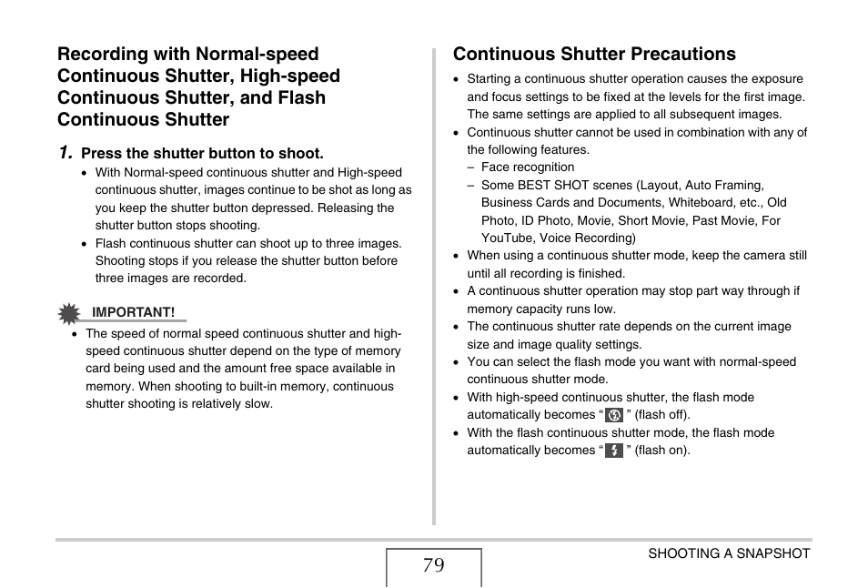 Continuous shutter precautions | Casio EX-Z15 User Manual | Page 79 / 265