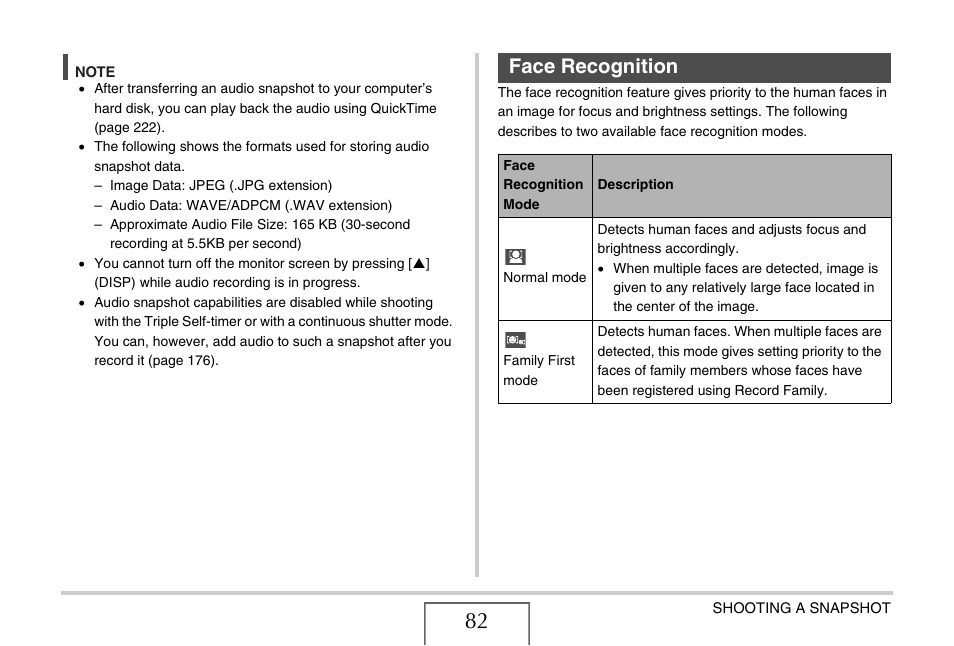 Face recognition, E 82 | Casio EX-Z15 User Manual | Page 82 / 265