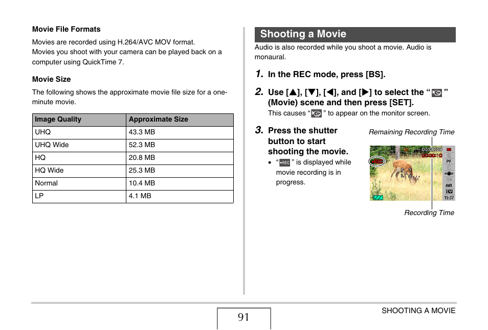 Shooting a movie | Casio EX-Z15 User Manual | Page 91 / 265