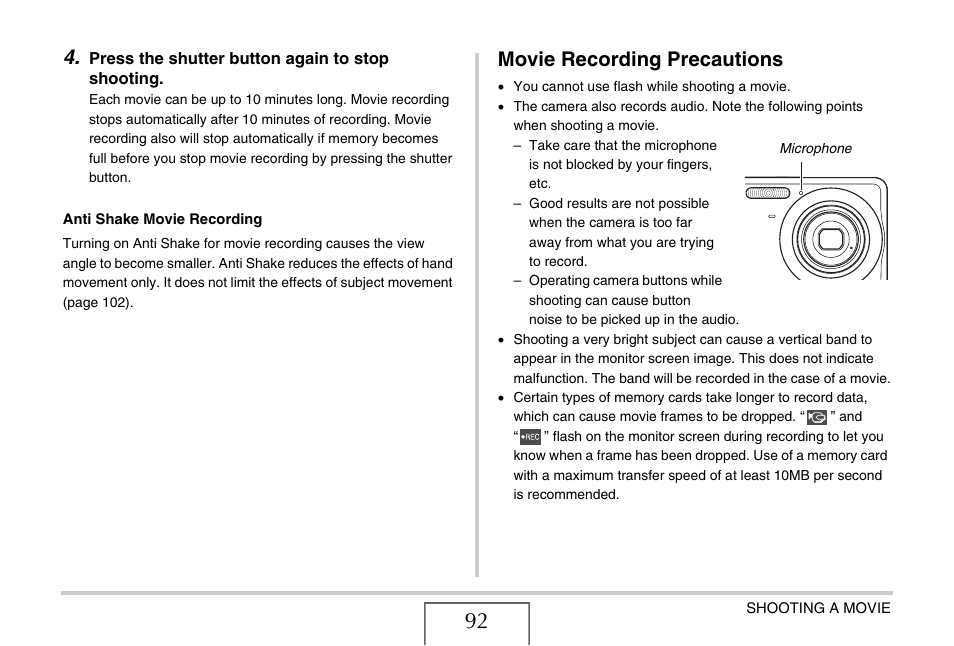 Movie recording precautions | Casio EX-Z15 User Manual | Page 92 / 265