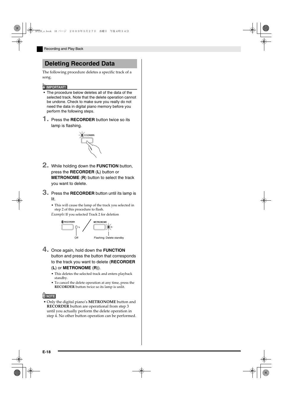 Deleting recorded data | Casio CELVIANO AP220ES1C User Manual | Page 20 / 40