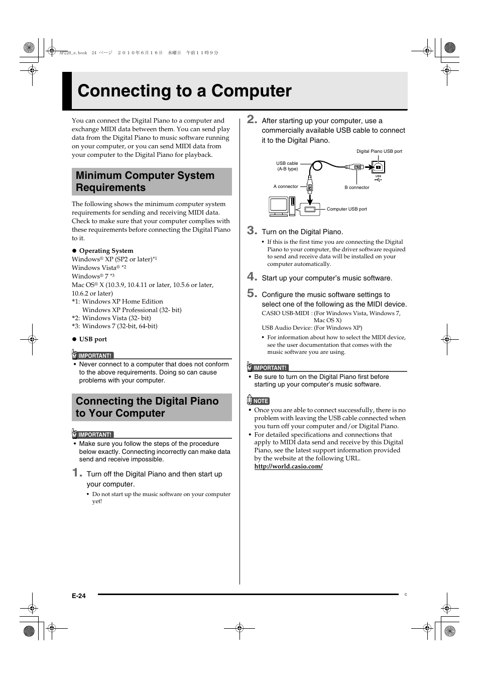 Connecting to a computer, Minimum computer system requirements, Connecting the digital piano to your computer | Casio CELVIANO AP220ES1C User Manual | Page 26 / 40