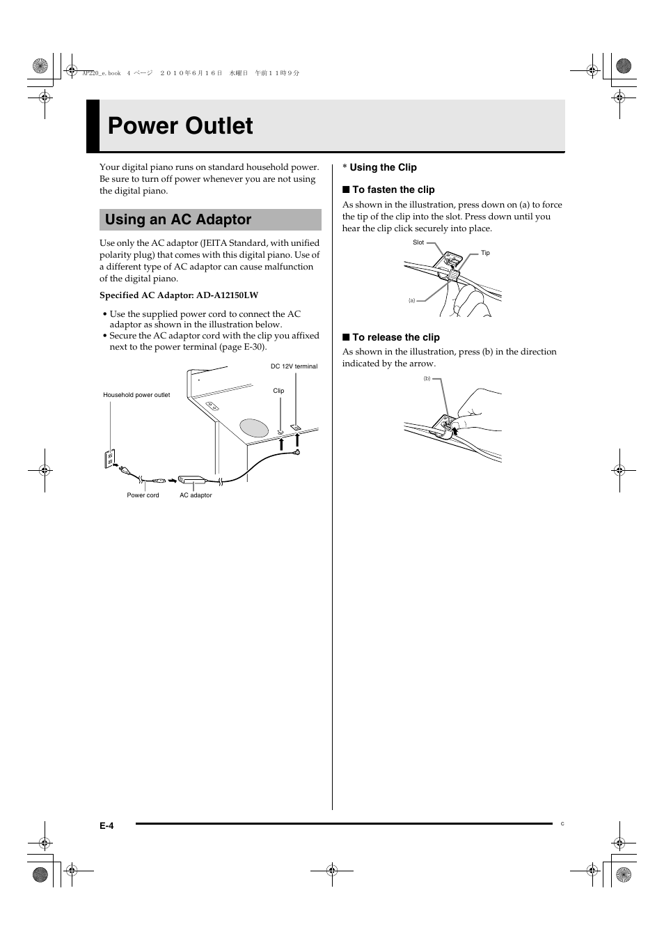 Power outlet, Using an ac adaptor | Casio CELVIANO AP220ES1C User Manual | Page 6 / 40